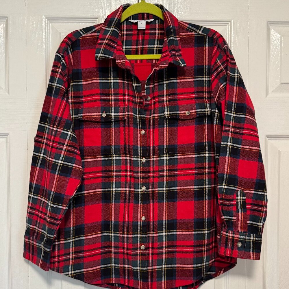 Old Navy Boyfriend Flannel Shirt Button Up Red Green Plaid Long Sleeve Size L